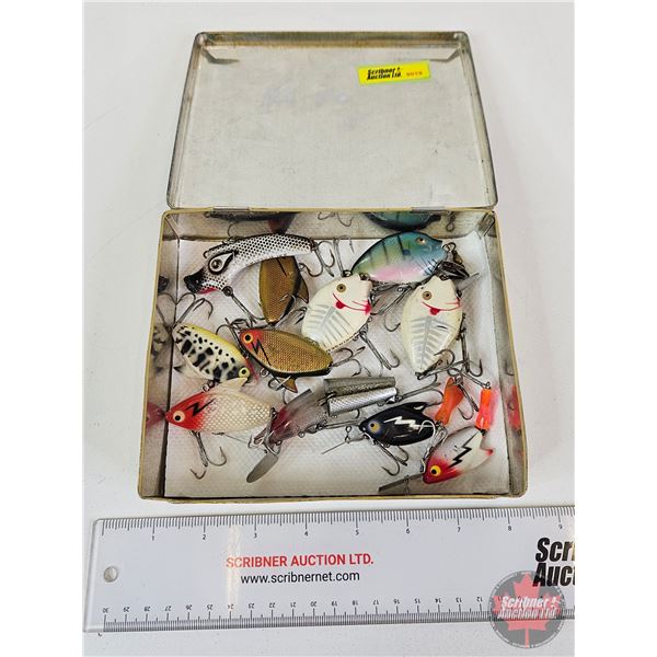 Vintage Fishing Lures (11) with Penner Tire & Rubber Tin (INCLUDES HEDDON BRAND ~ PUMPKIN SEED LURES