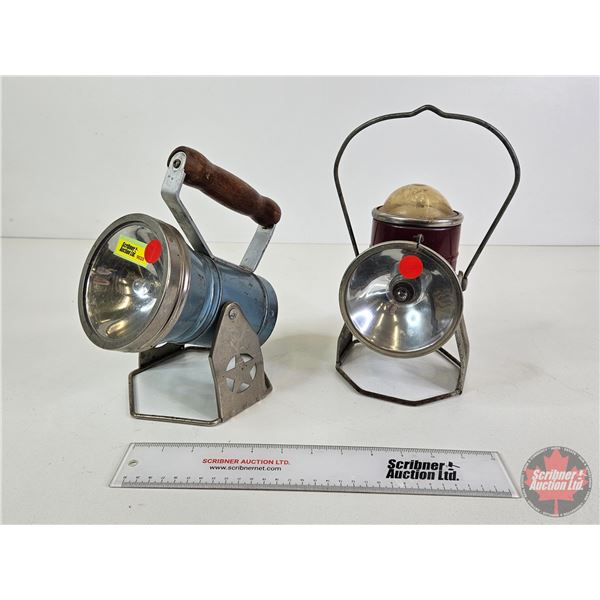 Vintage Railroad/Mining Lanterns (2) (Blue Measures: 8-5/8 H x Lense Dia 4-5/8  x 7 D)