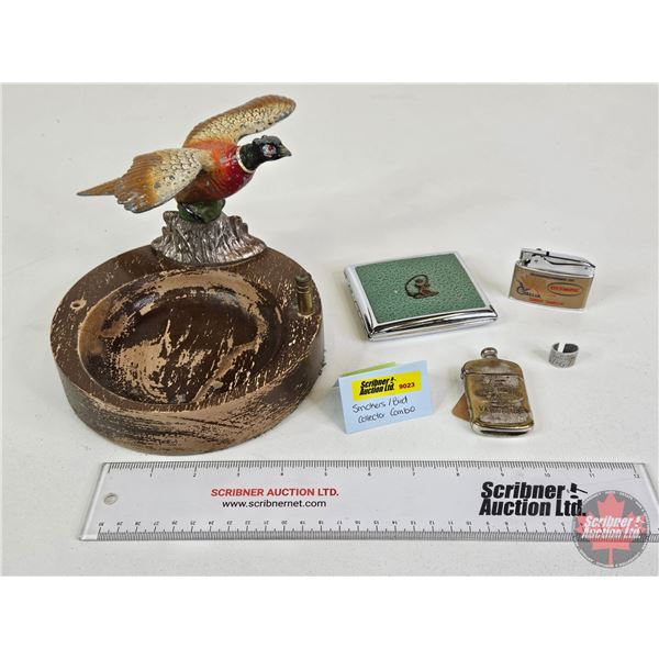 Collector Combo: Pheasant Ashtray & Cigarette Case & Lighter & Match Safe  (Ashtray Measures to Top 