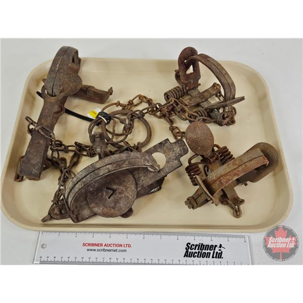 Vintage Small Animal Traps (4) : - (1) Oneida Jump Trap : No. 3 - (3) Toothed Jaw Traps