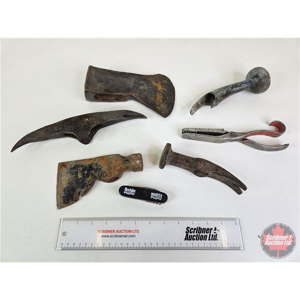 Vintage Tool Grouping (7) :  - Axe Head - Pickaxe - Hammer/Axe Head - Pocket Multi-Knife - Fish Grip
