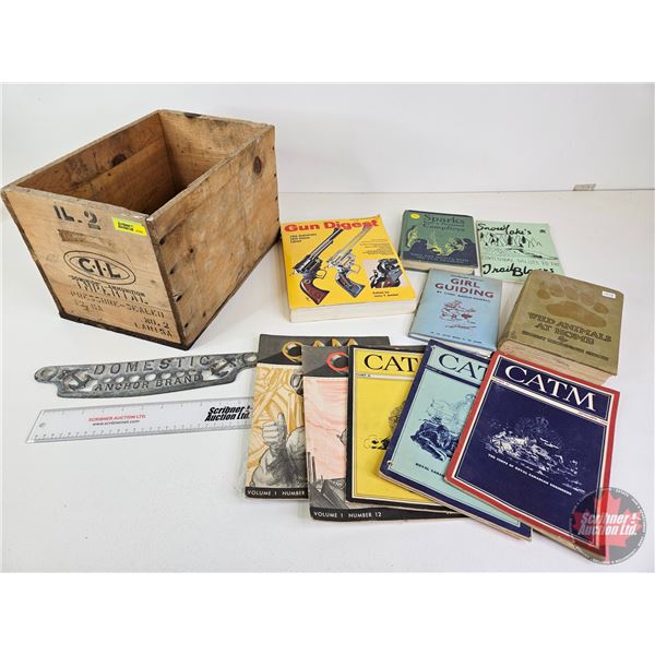 CIL Wooden Ammo Crate w/Gun Books/Magazines (11) & Domestic Anchor Brand Plaque  (Crate Measures : 9