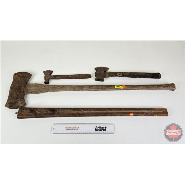 Hunter Arms Co Double Barrel Shotgun Barrel (30-1/2"L), Axes (2) & Crate Hatchet  (Note : Broken Tip