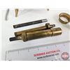 Image 10 : Optimus No. 00 Brass Stove, Brass Powder Horn Nossel, Brass Tecalemit Grease Gun, Leather Powder Fla