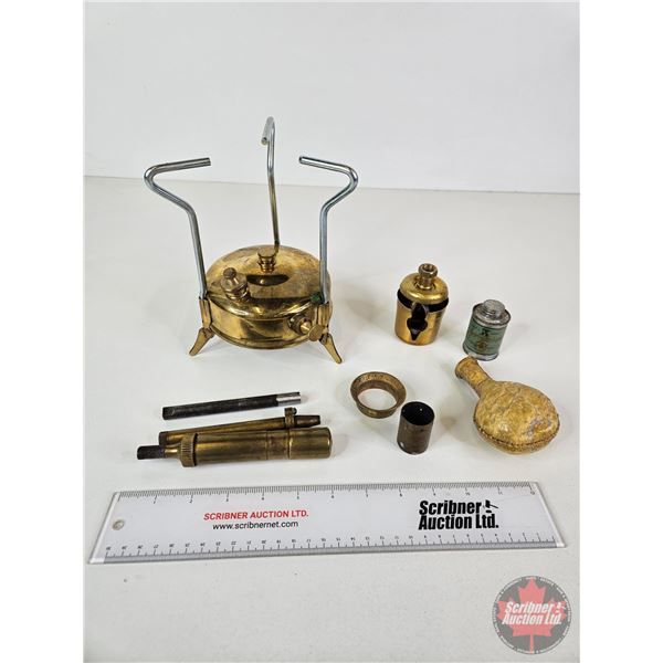 Optimus No. 00 Brass Stove, Brass Powder Horn Nossel, Brass Tecalemit Grease Gun, Leather Powder Fla