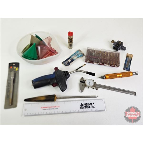 Tool Combo :  - Funnels - Micrometer - Rifle Bore Brush - Torch Head - File - etc
