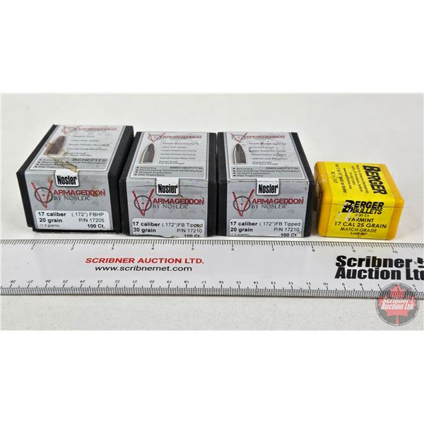 BULLETS: Variety .17 cal (300 Count of 20gr) (199 Count of 25gr)  (499 Count TOTAL)