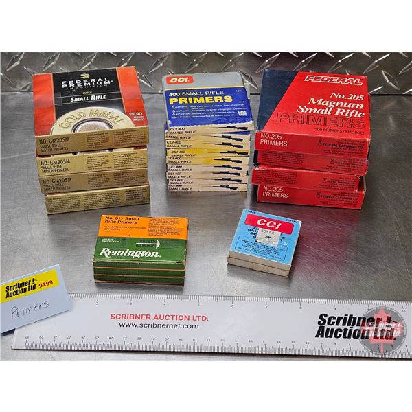 PRIMERS - Variety : Small Rifle Primers (Federal, CCI, Remington) (21 Boxes of 100 & 1 Box of 77) (2