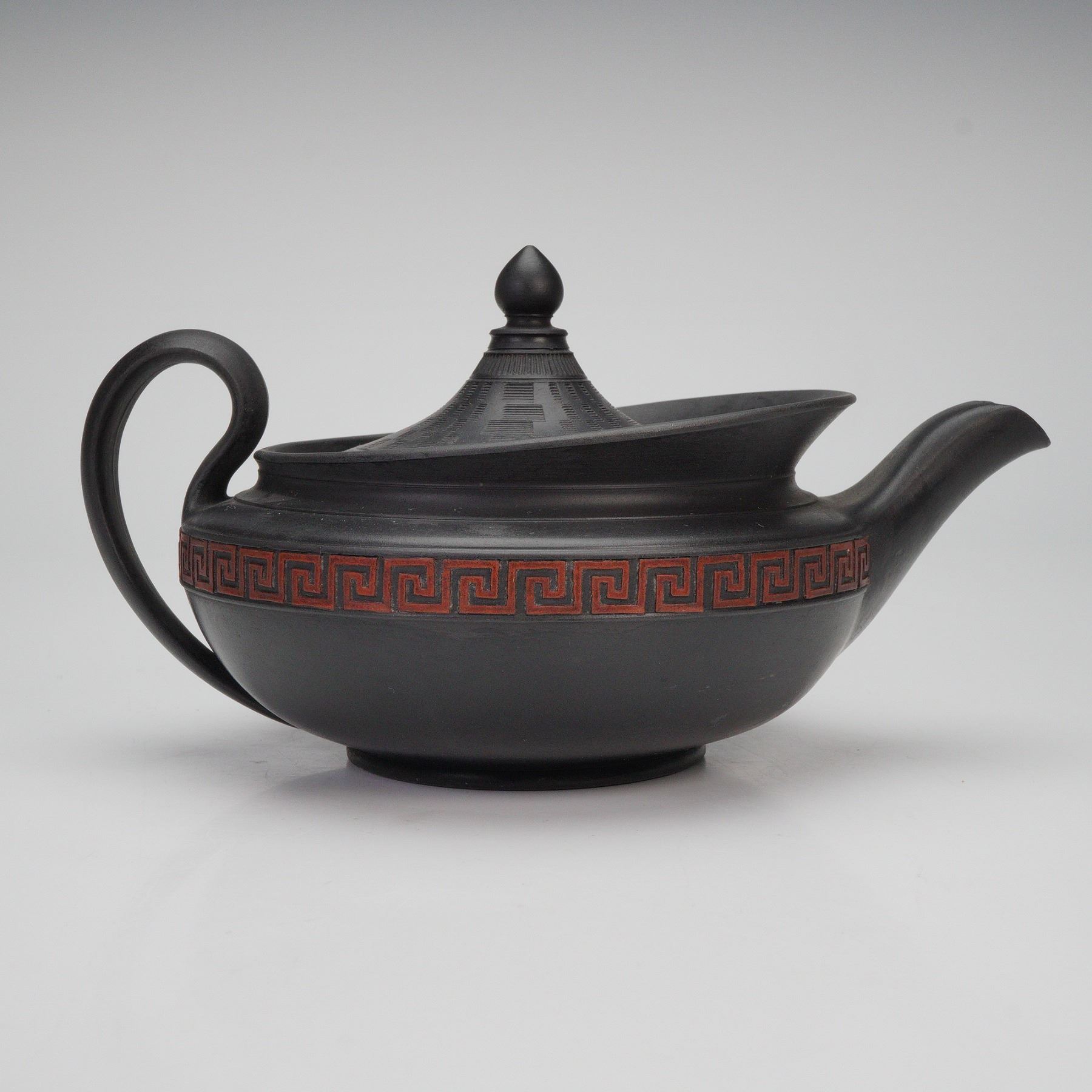 Tea Pot Key Wedgwood Black Basalt Teapot with Lid, Neoclassical Greek Key Band