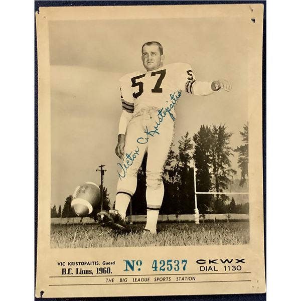 1960 B.C. LIONS GAME PROMOTION CARD - VIC KRISTOPAITIS (SIGNED)