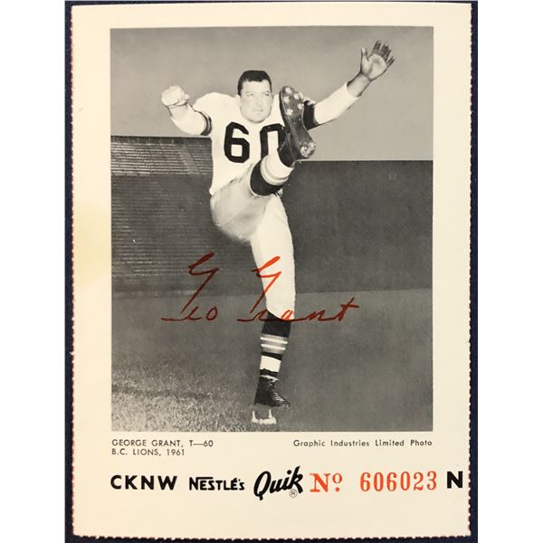 1961 B.C. LIONS GAME PROMOTION CARD - GEORGE GRANT (SIGNED)