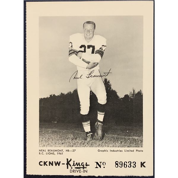 1961 B.C. LIONS GAME PROMOTION CARD - NEAL BEAUMONT