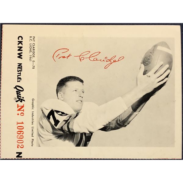 1961 B.C. LIONS GAME PROMOTION CARD - PAT CLARIDGE (SIGNED)