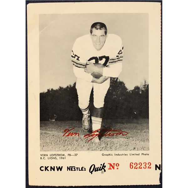 1961 B.C. LIONS GAME PROMOTION CARD - VERN LOFSTROM (SIGNED)