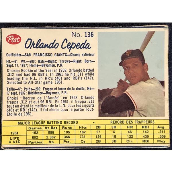 1962 POST CEREAL ORLANDO CEPEDA