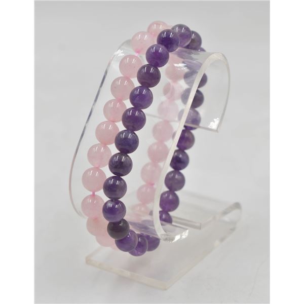 #155-NATURAL ROSE QZ & AMETHYST BEAD BRACELET