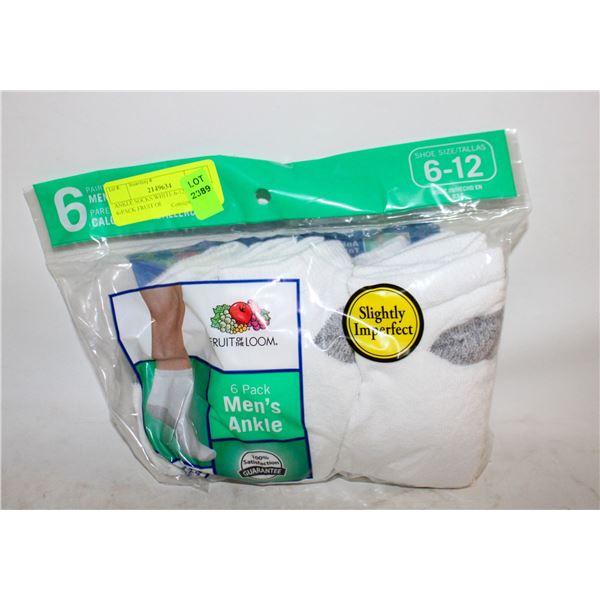 ANKLE SOCKS WHITE 6-12 SIZE 6-PACK FRUIT OF