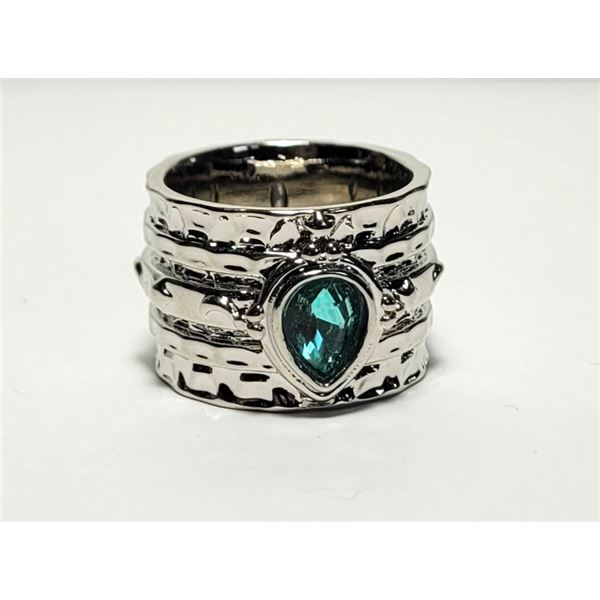 8)  SILVER TONE WITH BLUE/GREEN STONE