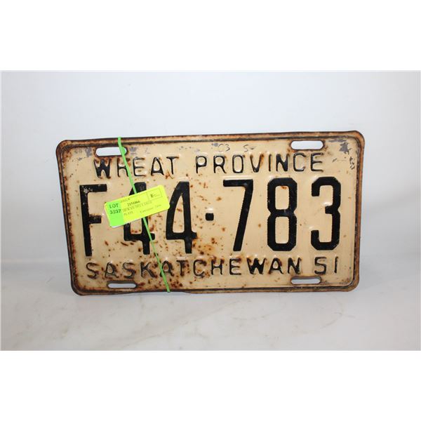 SASKATCHEWAN 1951 LARGE LICENSE PLATE