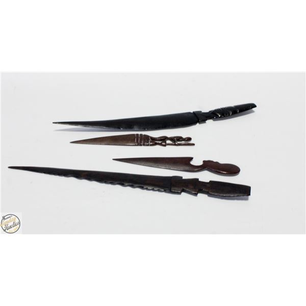 FOUR AFRICAN HAND CARVED LETTER OPENERS