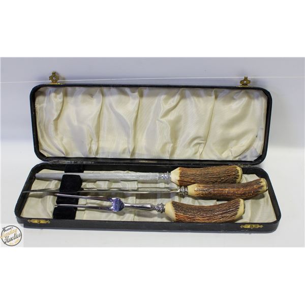 ANTIQUE BONE HANDLED CARVING KNIFE, FORK & SHARPEN