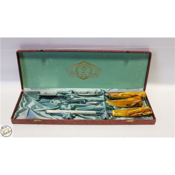 ANTIQUE GLO-HILL CARVING KNIFE, FORK & SHARPENER