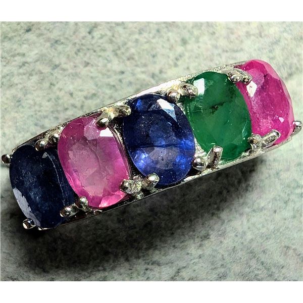 SILVER EMERALD SAPPHIRE AND RUBY 2.5CT 5.09G RING