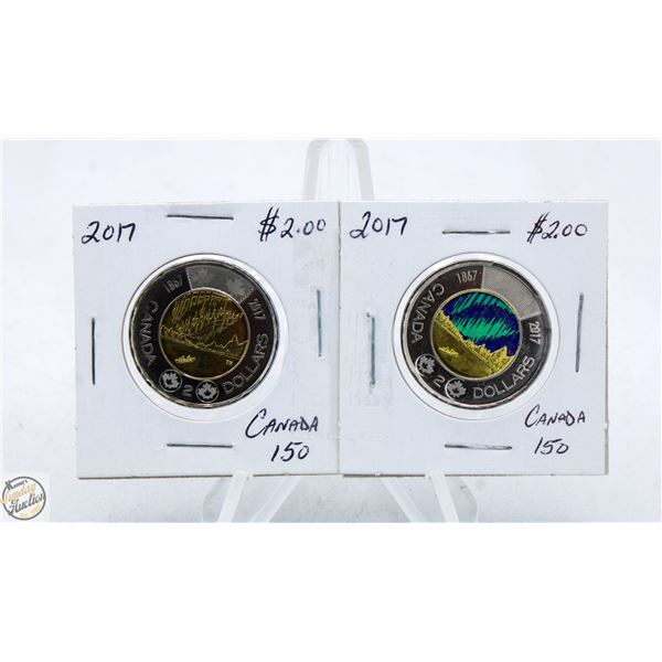 TWO - 2017 $2.00 CANADA 150 COINS; ONE COLOURED