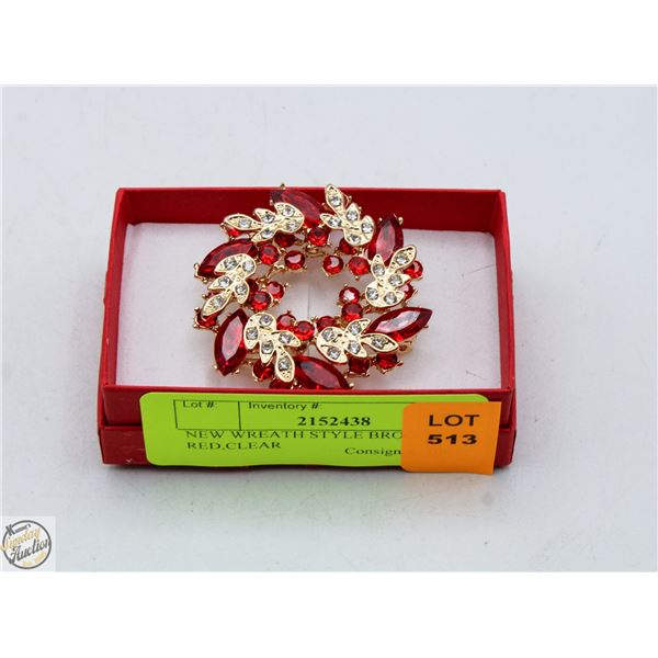 NEW WREATH STYLE BROOCH RED,CLEAR