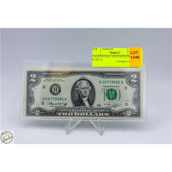 2 SEQUENTIAL 1976 UNITED STATES $2 BILLS