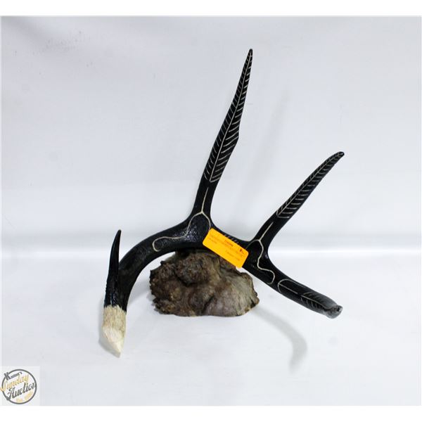 VINTAGE CARVED EAGLE ANTLER ON BASE