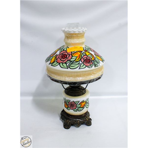 VINTAGE FLOWERED GLASS OIL LAMP