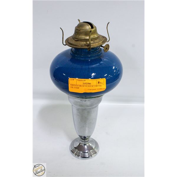 VINTAGE BLUE GLASS & CHROME OIL LAMP