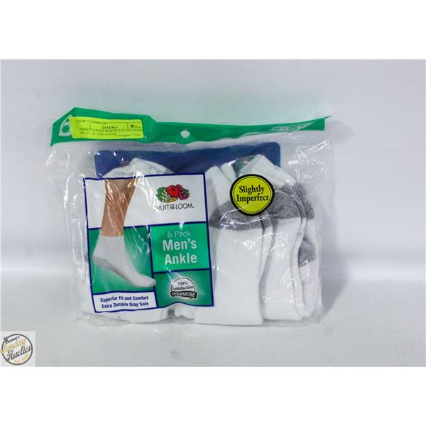 ANKLE SOCKS WHITE 6-12 SZ 6-PACK FRUIT OF THE LOOM