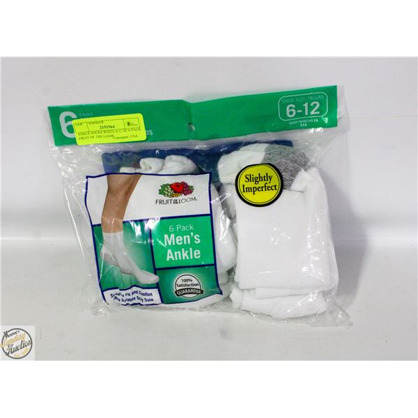 ANKLE SOCKS WHITE 6-12 SZ 6-PACK FRUIT OF THE LOOM