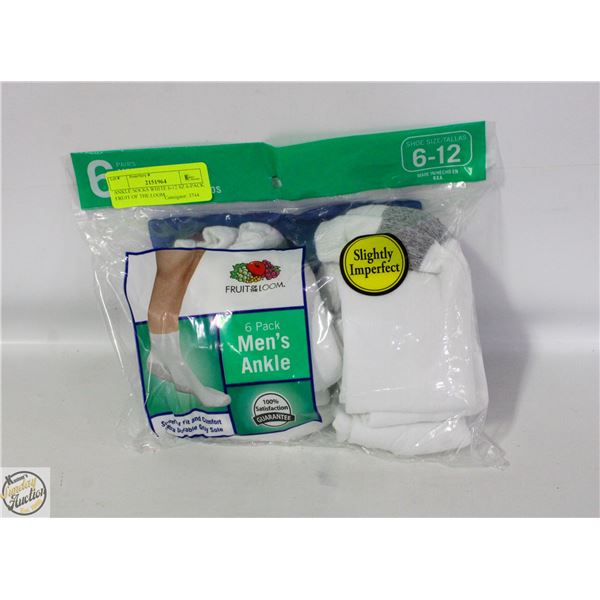ANKLE SOCKS WHITE 6-12 SZ 6-PACK FRUIT OF THE LOOM