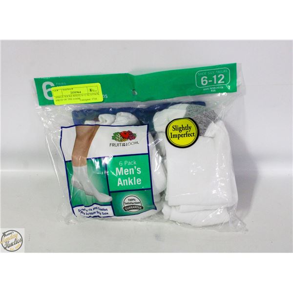 ANKLE SOCKS WHITE 6-12 SZ 6-PACK FRUIT OF THE LOOM