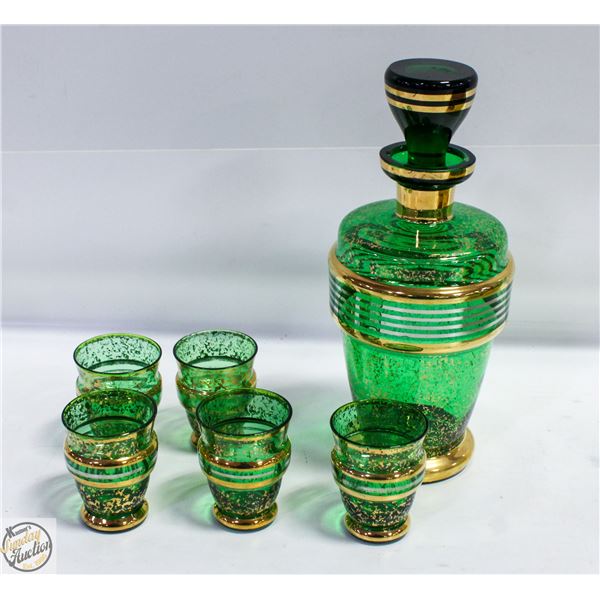 VINTAGE BOHEMIAN CRYSTAL GREEN+GOLD DECANTER SET