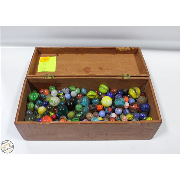 WOODEN BOX MARBELS  SOME KAT EYES OVER 200