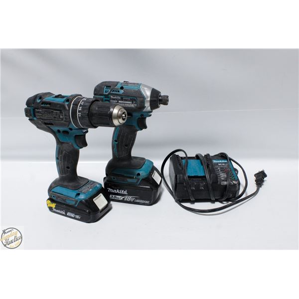 TWO MAKITA 18V DRILLS WITH BATTERY AND CHARGER