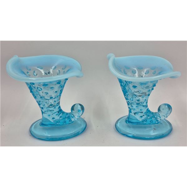 2x Blue Hobnail Glass Cornucopia Vases