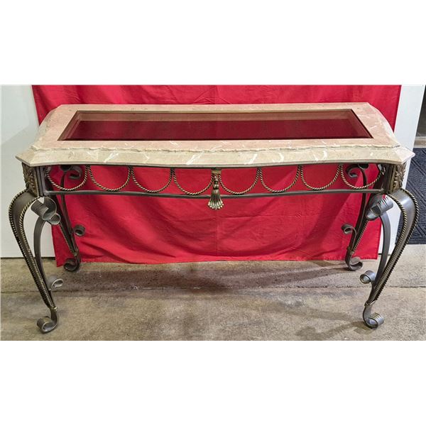Vintage Glass Top Metal Bow Legged Tassel Detailed Hall Table