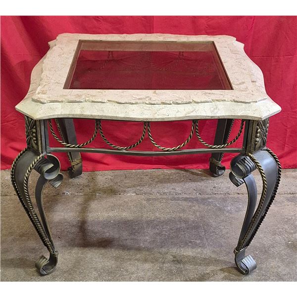 Vintage Glass Top Metal Bow Legged Tassel Detailed side Table