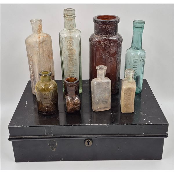 Antique Glass Bottles + Metal Cash Box