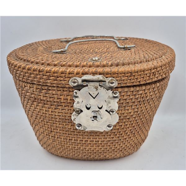 Vintage Wicker Basket With Chinese Porcelain Teapot