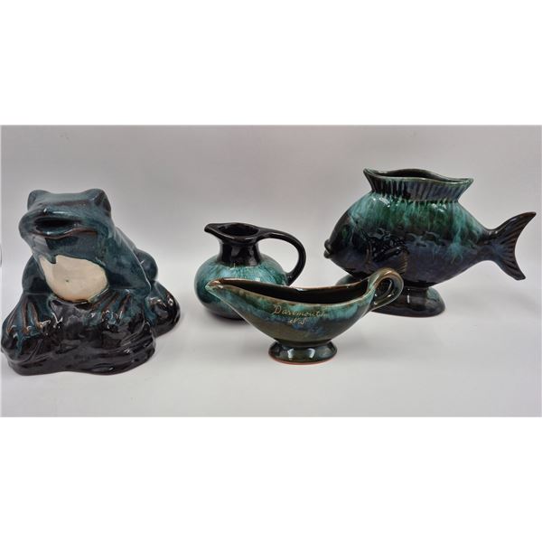 4x Vintage Blue Mountain Pottery Collectibles: Frog, Fish Vase Pitcher, & More