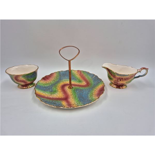 3x Vintage Old Foley Chinaware: Cake Plate, Creamer, & Sugar Bowl