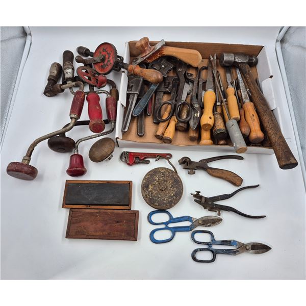 Assorted Vintage Hand Tools: Drills, Hammer, Wrenches, & More