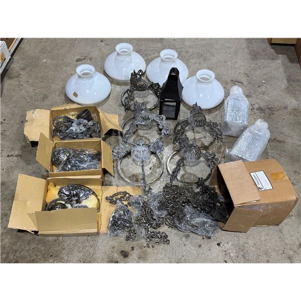Large Collection Of Lamp Parts: Metal Wall Hangers, Glass Shades, & Ceiling Hangers