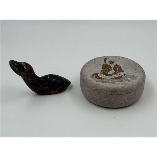 2x Vintage Hand Carved Soapstone Collectibles: Signed Seal & Siky Inuit Lidded Container